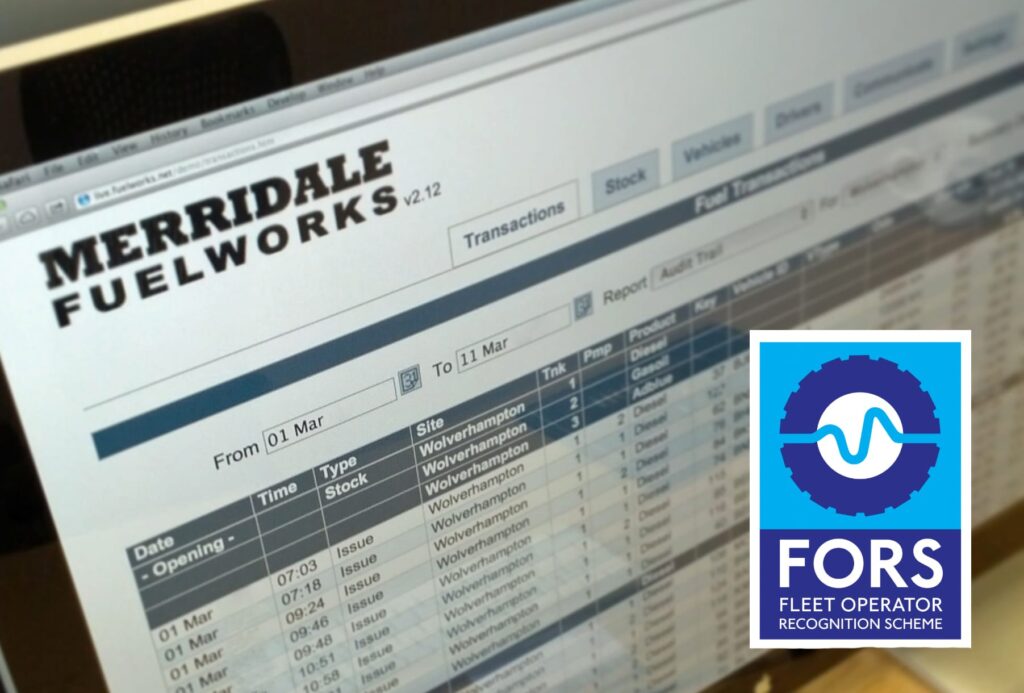 A computer screen displaying the Merridale FuelWorks software interface with a detailed fuel transactions report. In the foreground, a blue and white FORS (Fleet Operator Recognition Scheme) logo is superimposed, highlighting the software's compliance with fleet industry standards.