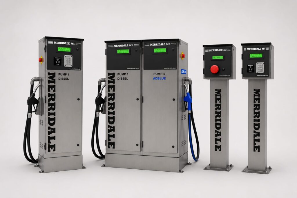 A product lineup showing the Merridale MX range of stainless steel fuel hardware on a plain white studio background, including a single diesel dispenser, a combined dual-pump diesel and AdBlue cabinet dispenser, a standalone tank level terminal with a warning light, and a pedestal control terminal with a security keypad.